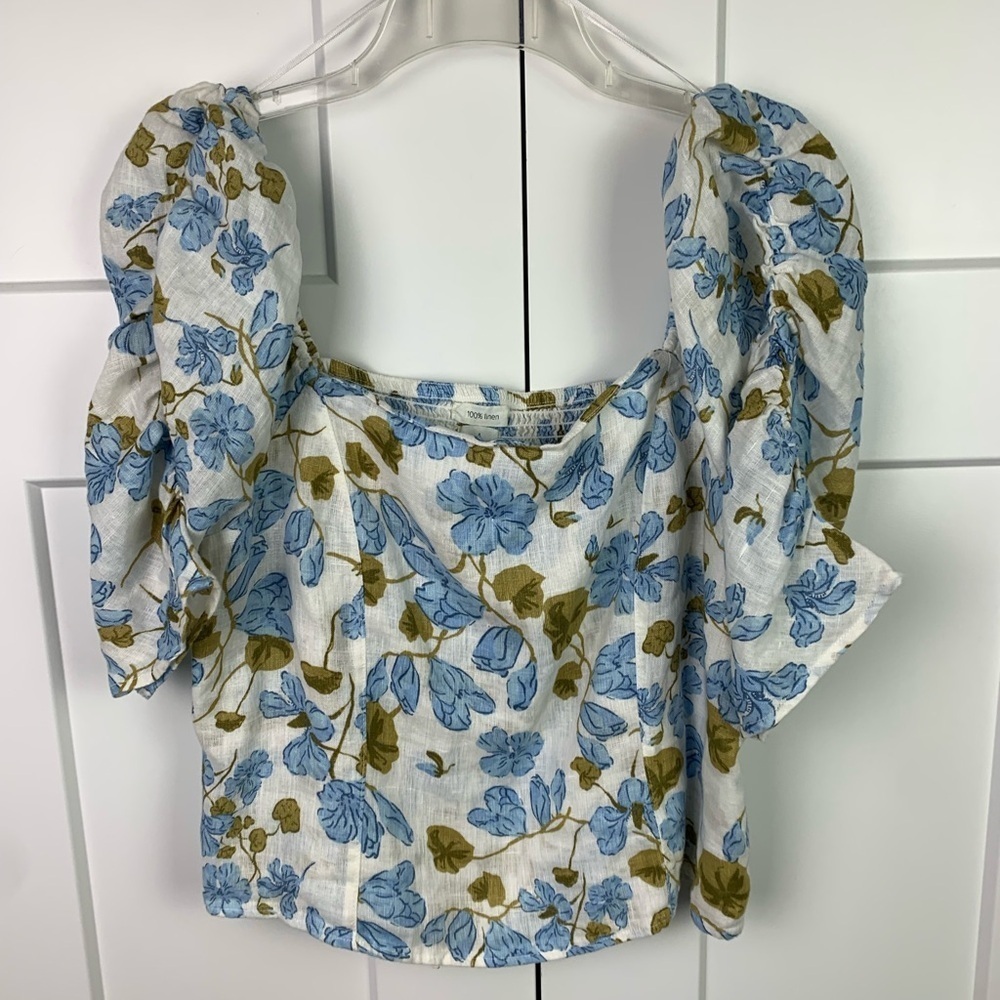 Joie XL  100% Linen Floral Blouse White Blue Floral Puff Sleeve Cottagecore